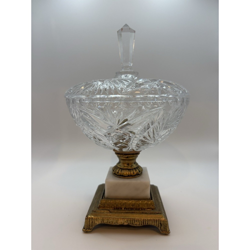 Vintage Cut Crystal Lidded Bowl on Gilt Metal & Marble Base – Hollywood Regency